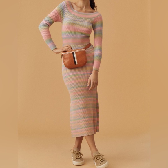NWOT Anthropologie Daily Practice Rainbow Striped Sweater Midi Dress Pink Combo - Picture 1 of 6